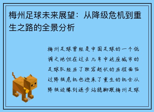 梅州足球未来展望：从降级危机到重生之路的全景分析