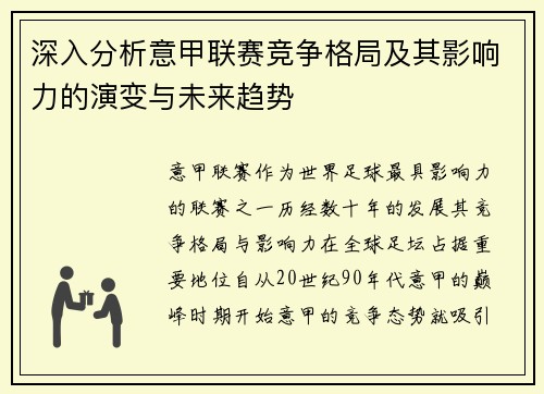 深入分析意甲联赛竞争格局及其影响力的演变与未来趋势